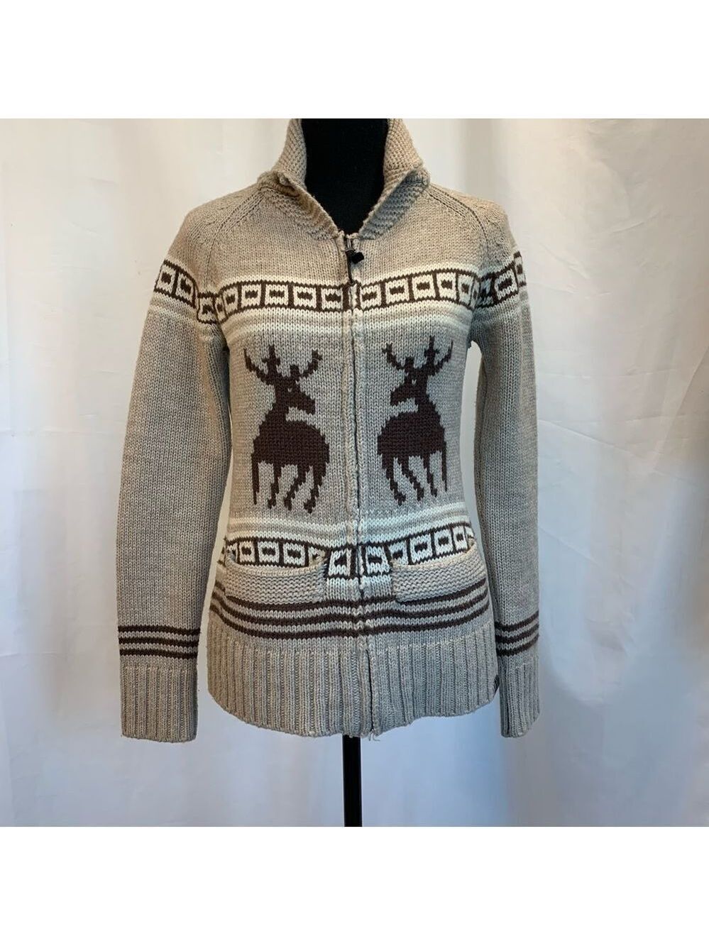 Triple Five Soul beige brown reindeer Zipup jacket wool sweater Sz S - Picture 14 of 15